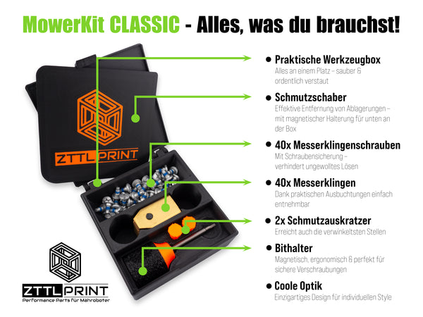 MowerKit CLASSIC 40x lames de couteau + 40x vis + accessoires + boîte à outils Kit complet système de lames de couteau