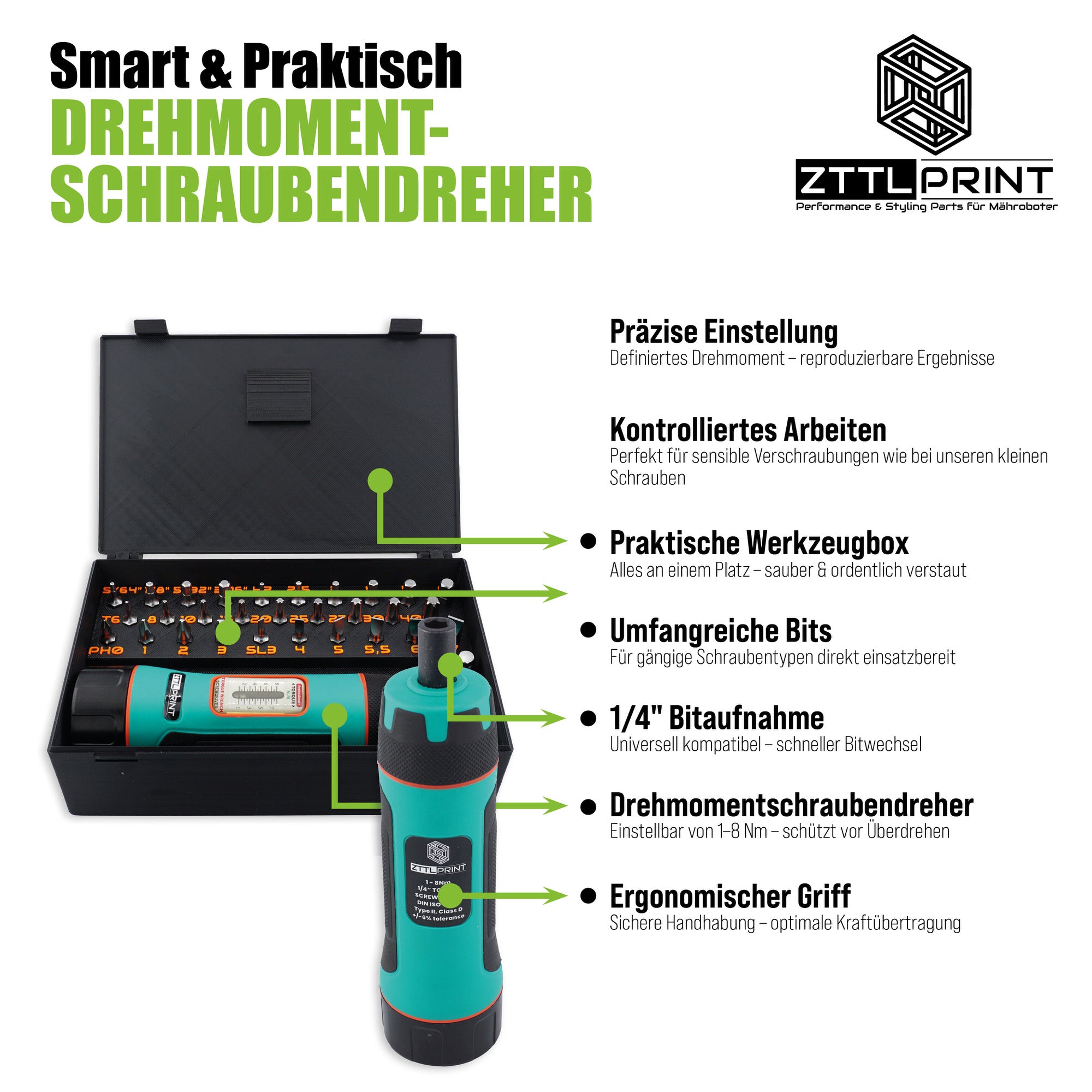Drehmomentschraubendreher Werkzeugbox Set einstellbar 1 - 8 Nm 1/4 Zoll 30 Bits